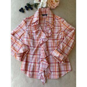 Sharagano Womens Ruffled Retro Madras Plaid Button Shirt M Preppy Cottagecore